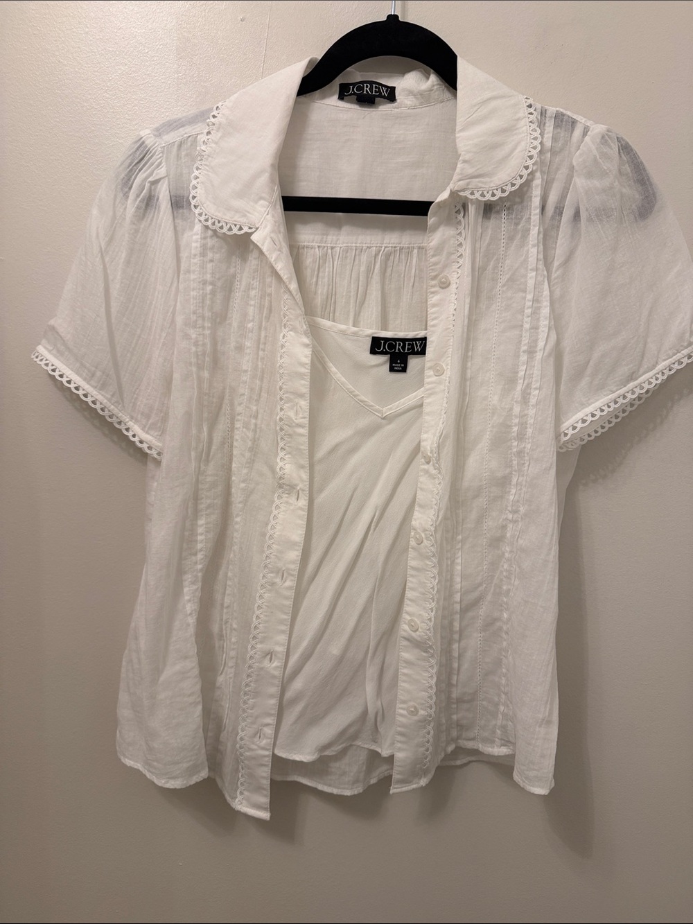 J. Crew White Cotton Lace-Trim Short Sleeve Blouse with Camisole